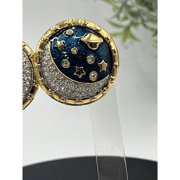 Swarovski Swan Blue Enamel Pave Crystal Star Moon Saturn Brooch & Clip Earrings - Picture 12 of 15